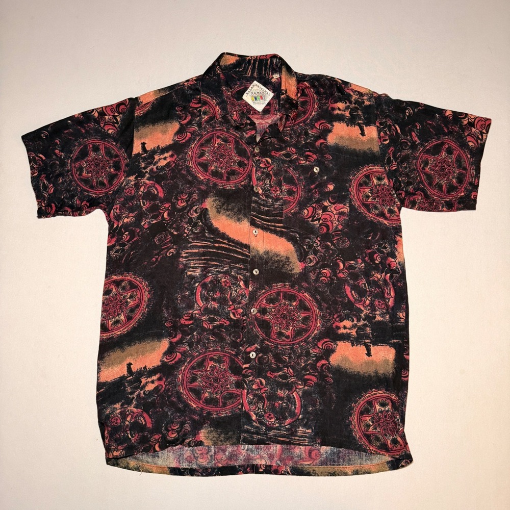 Vtg Kazah Rayon Shirt Mens Medium Red Boho Rayon Mandala Celestial Grunge Boxy